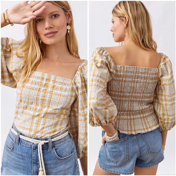 Anthropologie Maeve Smocked Back Puff Sleeve Top Yellow Extra Small XS T1 - Picture 1 of 8